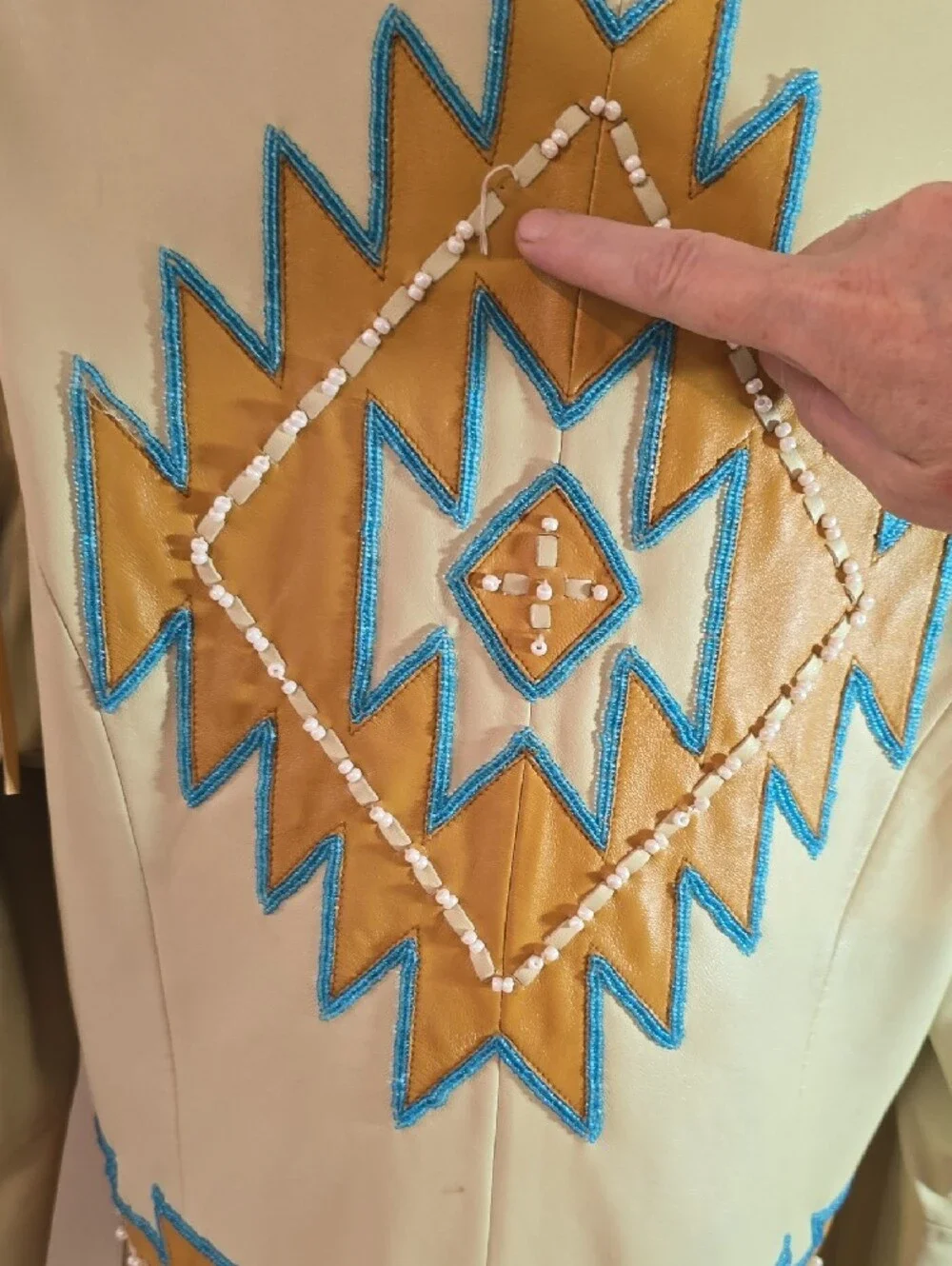 Fringed Pale Yellow Faux Leather Jacket with Turquoise Trim - Picture 12 of 15
